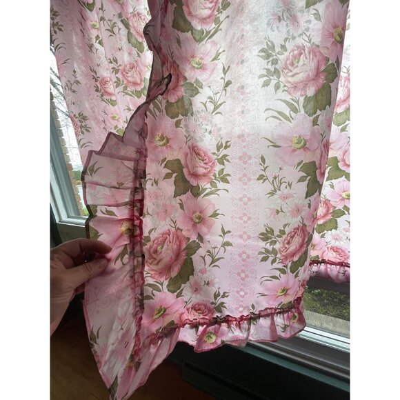 Vintage 70s pleated curtains, cabbage roses pink floral, ruffle double panels - Picture 5 of 10